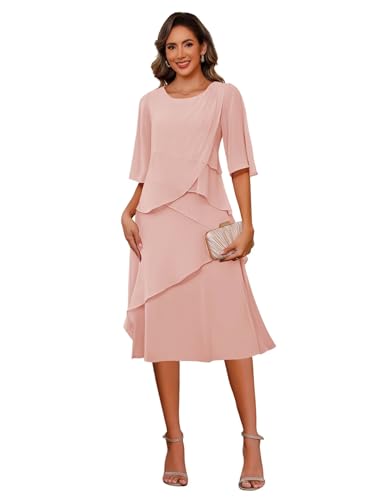 Miao Duo Short Sleeves Tea Length Mother of The Bride Dresses for Women Ruffle A Line Chiffon Formal Dress YZTS235