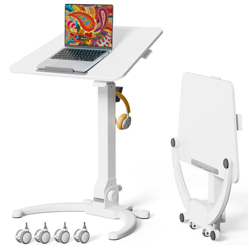 Image of JOY worker Foldable Mobile Standing Desk, Upgraded Height Adjustable Rolling Desk, Max Height 47.6 inch, 90 Tiltable Board & Base, Portable Workstation with Moveable Wheels, Holds Up to 22lbs, White