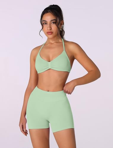 Image of ABOCIW Womens Seamless Workout Sets 2 Piece Strappy Halter Sports Bra Scrunch Butt Shorts Gym Yoga Outfits