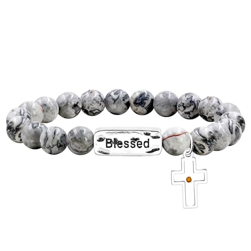 Bracelet chrétien en perles de pierre naturelle 8mm avec croix