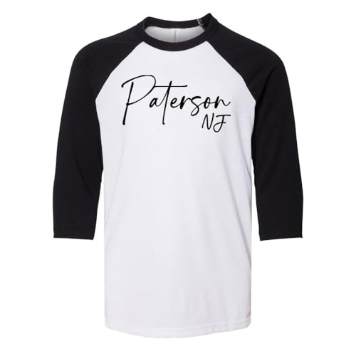 Script Paterson New Jersey Kids Three-Quarter Raglan Sleeve Baseball Shirt Youth Medium White/Black