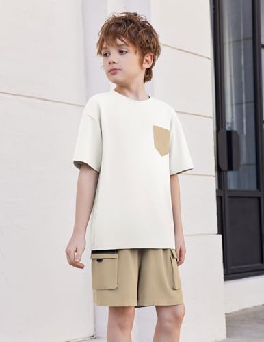 Image of Arshiner Boys' 2-Piece Cotton Outfit Short Sleeve Crewneck T-Shirt & Cargo Shorts Set Summer Casual Clothes for Kids 5-13