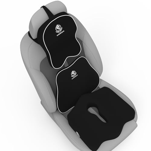Image of Memory Foam Car Seat Cushion Combo - Backrest, Coccyx Cushion & Neckrest - Orthopedic Support for Back, Tailbone, Sciatica & Neck Pain - Ergonomic Comfort for Car, Office. (Black, Slim Backrest)