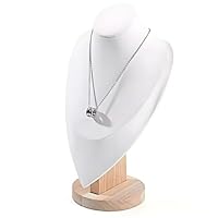 SWTOOL Wooden Large Portrait Necklace Display Stand with White Leather Soft Mat Mannequin Bust Model Jewelry Organizer Holder for Craft Shows Selling Shows Home Decor (White, Large)
