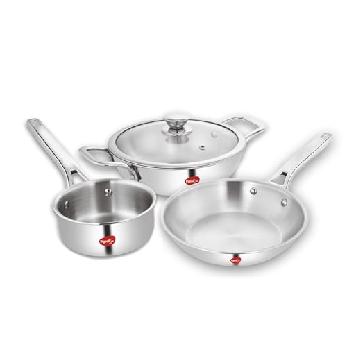 Image of Pigeon Elite Stainless Steel Triply 4 Pcs Gift Set - 22cm (2L) Kadai, 22cm (1L) Frypan and 14cm (1.1L) Saucepan, Less Oil Use, Easy to Clean - Induction and Gas Stove Compatible - Silver