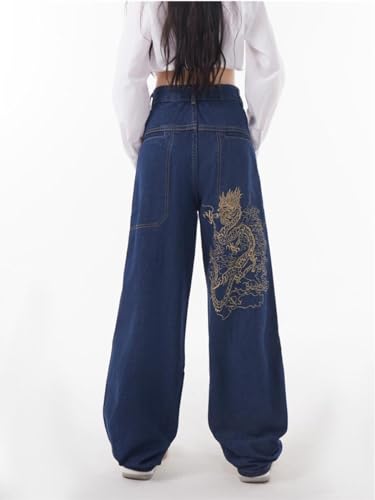 Y2K Dragon Denim: Unisex Baggy Jeans with Embroidered Mythical Dragon - Street Style Hip-Hop Denim Jeans for Men4