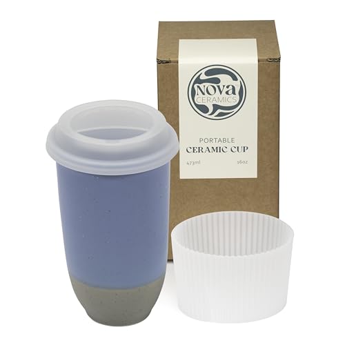 Image of NOVA CERAMICS Travel Mug - Ceramic Coffee Mug With Lid - Microwave & Dishwasher Safe Coffee White & Grey Tumbler - Fits In Cup Holder - 16oz - Coastal Drift