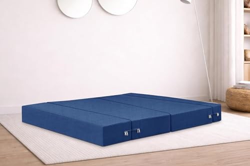 Image of Rosebell Two Seater Foldable Sofa Cum Bed (4x6 Feet) Jute Fabric, Washable Removable Cover, | Space Saving Convertible Sofa Bed for Home, Office & Guests - Blue