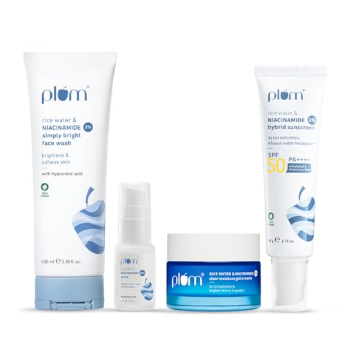 Image of Plum Niacinamide Brightening Skincare Routine Combo | Oil-Free Hydration, Oil Control & SPF 50 PA++++ Protection | Face Wash 100ml, Serum 15ml, Moisturiser 50g & Sunscreen 50g
