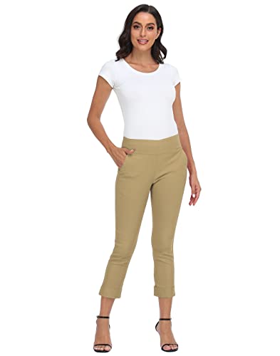 Image of HDE Pull On Capri Pant for Women w /Pockets Elastic Waist Cropped Work Pant | Comfortable Pull On Waist, Tailored Fit with Cuff, Stretchy Summer Office Pants, 24.25 inch Inseam, Professional Dress Capris