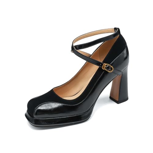 TinaCus Handmade Women's Genuine Leather Ankle Strap Patchwork Square Toe Pumps