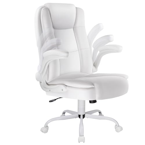 LEMBERI Flip-up Arms Office Desk Chair, Big and Tall Managerial Executive Chair, High Back Computer Chair, Ergonomic Adjustable Height PU Leather Chairs with Cushions Armrest for Long Time Sitting