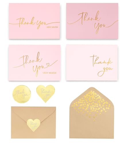 Winoo Design 100 PK Pink and Gold Thank You Cards with Envelopes Bulk - 5 x 3.5 Inches Personalized Thank You Notes for Baby Shower Wedding Small...