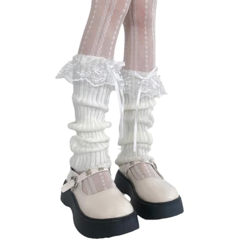 Y2k Knitted Leg Warmers for Women Lace Top Lolita Harajuku Leg Cover Bowknot Ruffle Layered Leg Warmer