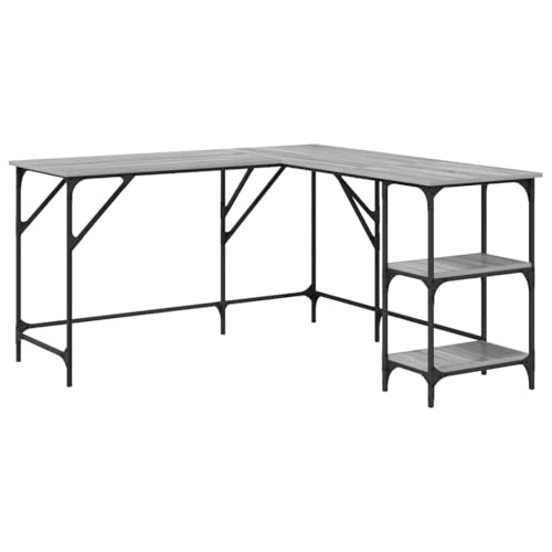 Kangardius Escritorio gris Sonoma de madera, 139 x 139 x 75 cm, en forma de L, mesa de trabajo con estante y espacio de almacenamiento para oficina, oficina, juegos, PC, portátil, ahorra espacio