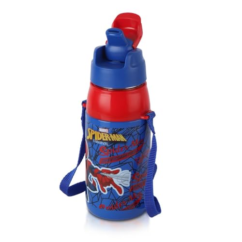 Image of CELLO Puro Steel-X Hydra Kid 400 Inner Steel Insulated Water Bottle 400ml, Blue | Spiderman Print | ISI Certified, Leakproof | Easy to Carry with Loop | Insulated Cold Water Bottle for School, Picnic