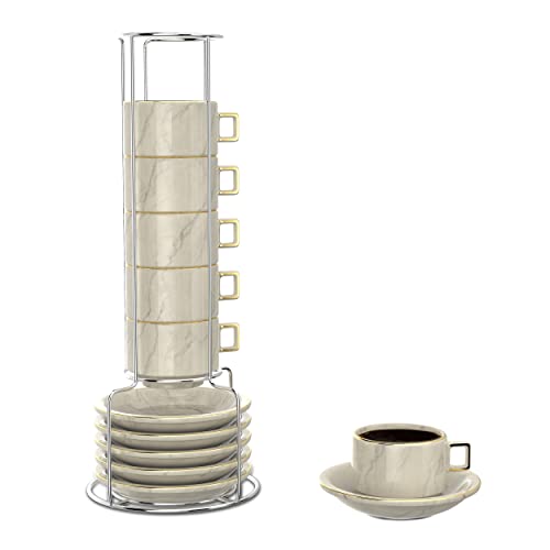 Houseables Espresso Cups And Saucers Set, Marble, Stackable Demitasse Cups With Metal Stand, 13 Pieces, 2.5 Ounce, Porcelain, Tea Kit, Teacups, Turkish Coffee Mug, Organizer Rack, Dishwasher Safe #TOP24