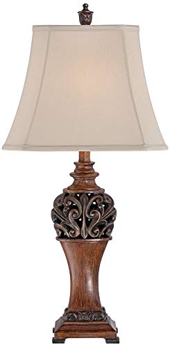 Regency Hill Exeter Traditional Style Table Lamps 30" Tall Full Size Set of 2 Bronze Wood Carved Leaf Creme Rectangular Bell Shade Decor for Living Room Bedroom House Bedside Nightstand Office