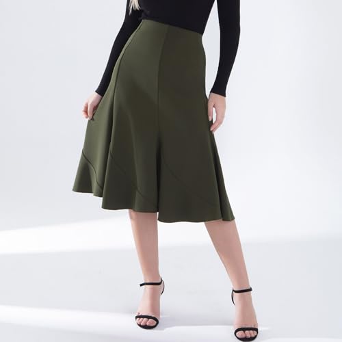 Women's A-Line High Waist Flare Work Midi Knee Length Stretchy Skirt Elegant Flared Skirt for Office and Casual3