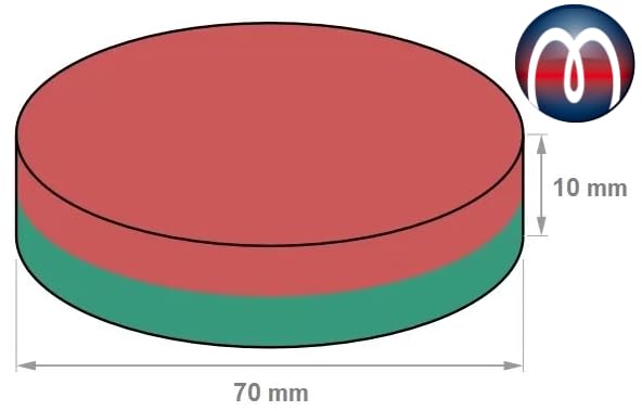 Magnes krążkowy okrągły Ø 70 x 10 mm – neodymowy N45, nikiel – utrzymuje 200 kg – szyba magnetyczna – silne magnesy trwałe (supermagnesy) o ekstremalnej przyczepności do zastosowań przemysłowych i domowych