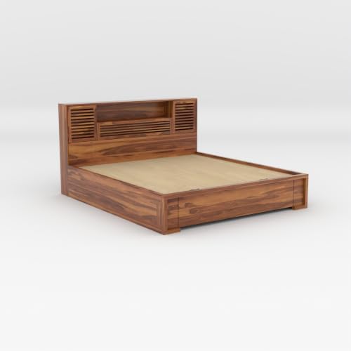 Image of Kunjal Furniture Sheesham Wood Solid Double Bed with Hydraulic Storage & Cushioned Headboard for Bedroom (Flyding Natural, King)