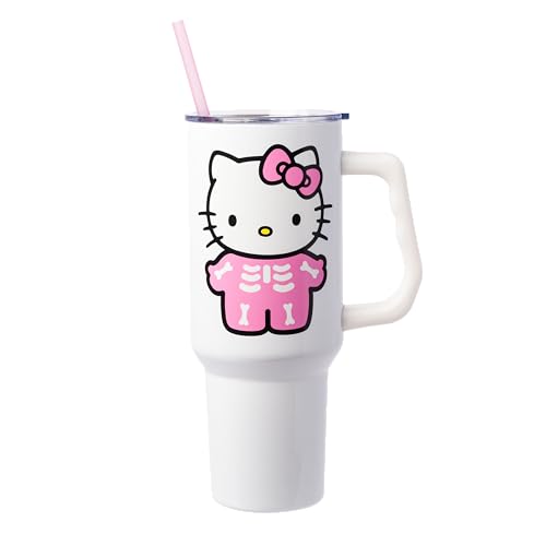 Silver Buffalo Sanrio Hello Kitty Halloween Spooky Skeleton Costume Double Walled Stainless Steel Tumbler with Handle and Straw, Fits in Standard Cup Holder, 40 Ounces