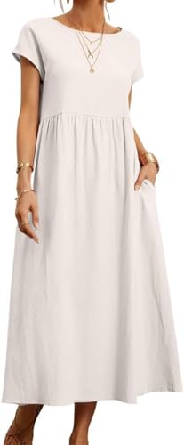 Image of BIRW Cotton Linen Dresses for Women 2025 Summer Casual A Line Flowy Dress Beach Vacation Midi Gauze Dress with Pockets