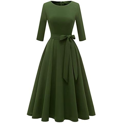 DRESSTELLS Kleider Damen elegant Vintage Swing Kleid Abendkleider Langarm Cocktailkleid festliches Kleid kurz ArmyGreen M Cover