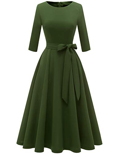 DRESSTELLS 1950s Retro Dress Elegant Pinup Swing Tea Dress for Women Long Sleeves ArmyGreen XL