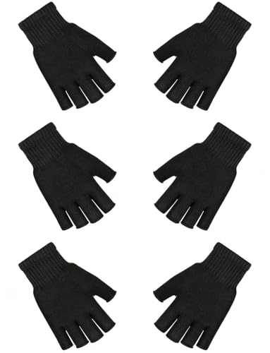 SLIUGLOVEUN 3 Pairs Fingerless Gloves for Women Men Teens Winter Half Finger Black Knit Gloves...