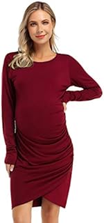 Coolmee Womens Maternity Dresses Casual Ruched Long Sleeve Irregular Bodycon Mini Dress for Women (M,Burgundy-Long)