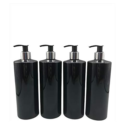 H Homedelight1234 4x Empty 500ml Plastic Pump Bottle Dispenser | Great for Soap, Hand Washing, Gel, Cream, Liquid, Shampoo | Gloss Black Bottle with Black Pump and Silver Chrome Collar Cover