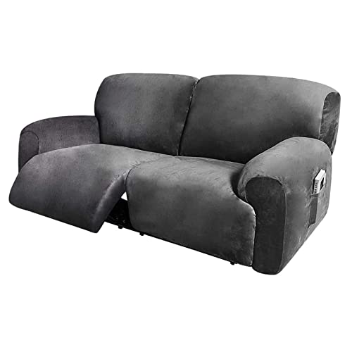 2 Seater Sofa Covers, Recliner Sofa Chair Covers, 6-Piece Extra Wide 75" - 100", Velvet Stretch Reclining Couch Covers, With Side Pocket, Thick Soft Washable (Light Grey)