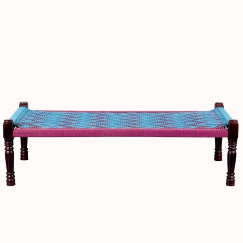 Image of Solid Sheesham Wood Charpai Khat | Handcrafted Daybed Khatiya Charpai with Cotton Rope | Traditional Khat Bed Wooden Diwan Cot for Living Room | 6X3 Feet | Pink and Light Blue