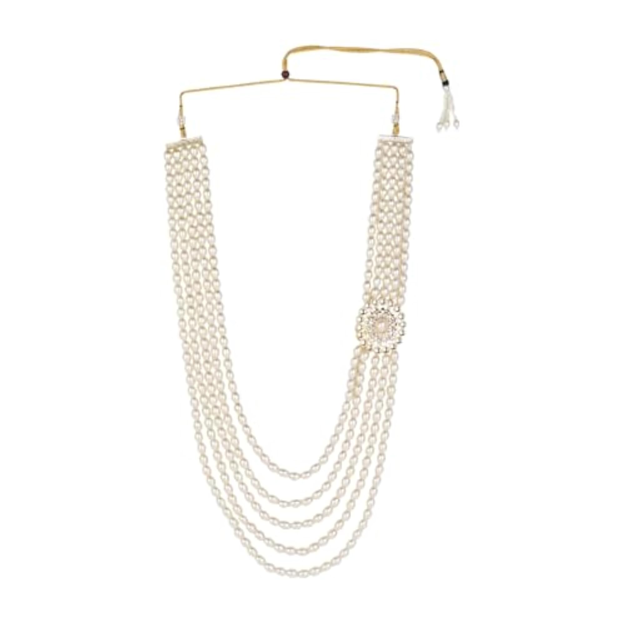 5 Layered Traditional Gold Plated Dulha Moti Mala Necklace for Men