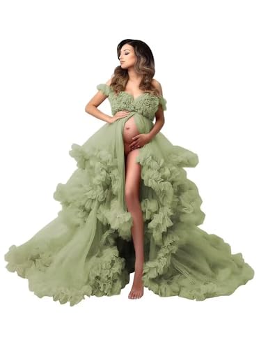 Changuan Puffy Tulle Maternity Dress for Photoshoot Ruffle Pregnancy Robe Bridal Lingerie Bathgown Baby Shower Photography