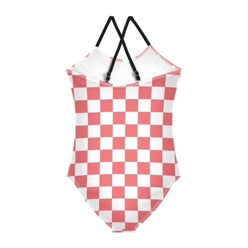 Image of Black and White Chess Girls One Piece Swimsuits Board Marble Tile Sport Halter Swimwear Beach Bathing Suit 3T