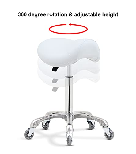 Image of Antlu Saddle Stool Chair for Massage Clinic Spa Salon Cutting, Saddle Rolling Stool with Wheels Adjustable Height (White)