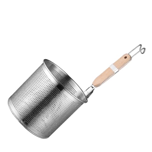 HYTROVE ステンレス製木柄 ルフィルタースプーン 大型 メッシュストレーナー キッチン調理用 茹で麺 揚げ物対応 吊り下げ付き 食品 設計