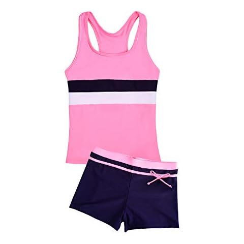Uhnice Girls Swimsuit Two Piece Tankini Swimwear with Boyshort (Pink, 3-4 Years) Cover