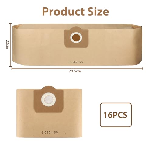 Pack of 16 Staubsaugerbeutel für Kärcher WD3 Beutel, Paper Filter Bags für Kärcher 6.959-130.0, Filtertüten Beutel für WD3 1629 MV3 Premium A2201/2204/2504/2554/2251/2604, Vacuum Cleaner Bags