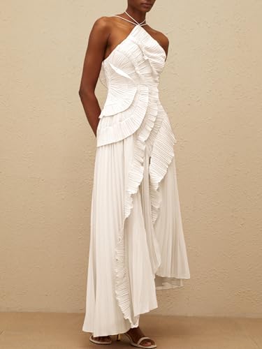 Image of Women Y2k Backless Long Dress Halter Tie Neck Maxi Dress Flowy Beach Sundress Summer Streetwear