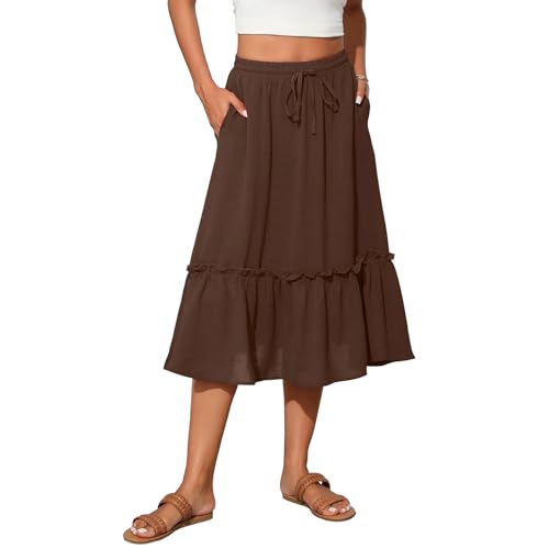 Image of TASAMO Women's Elastic High Waist Flared Skirt with Tiered Hem and Adjustable Drawstring - Lightweight and Breathable for Everyday Wear Olive Brown