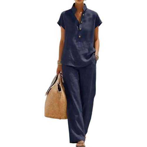 Ensemble 2 pièces lin femme avec pantalon large décontracté pour été