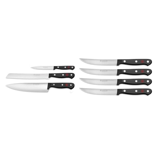 Image of Wusthof Gourmet 3-Piece Chef's Knife Set, Black Gourmet 4-Piece Steak Knife Set, Black