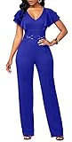 BestGirl Women's Elegant Jumpsuits Sexy V Neck 3/4 Sleeve Straight Long Wide Leg Pants Clubwear Rompers with Pockets