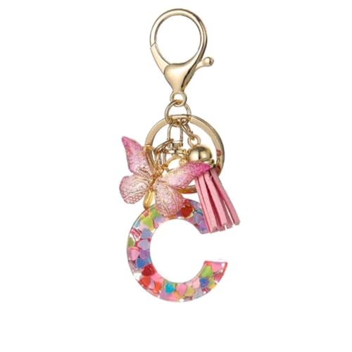 Image of GEOCARTER Lightweight Fashion Initial Letter Key Ring with Butterfly Pendant & Tassel, Stylish Purse Charm for Handbags, Car Keys, Gifts for Girls & Women