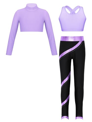 YEAHDOR Girls 3 Pcs Dance Sports Outfit Mock Neck Crop Top Sleeveless Top with Pants Gymnastic Ice Skating Tracksuit - Main Image