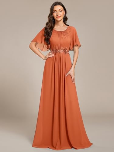 Image of Ever-Pretty Women's Classic Round Neck Pleated Short Sleeves Chiffon Appliques Floor Length A Line Formal Evening Dresses