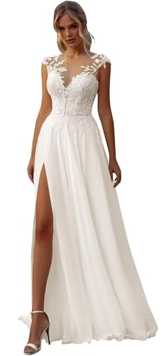 HAIBFJIN Robe de mariée pour femme avec dentelle - Longue robe de plage bohème avec fente élégante - Ligne A - Robe de mariage, ivoire-a, 40